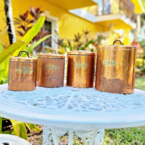 Vintage Copper Kitchen Canister Set Flour Sugar Coffee Tea Rustic Farmhouse - Picture 1 of 11